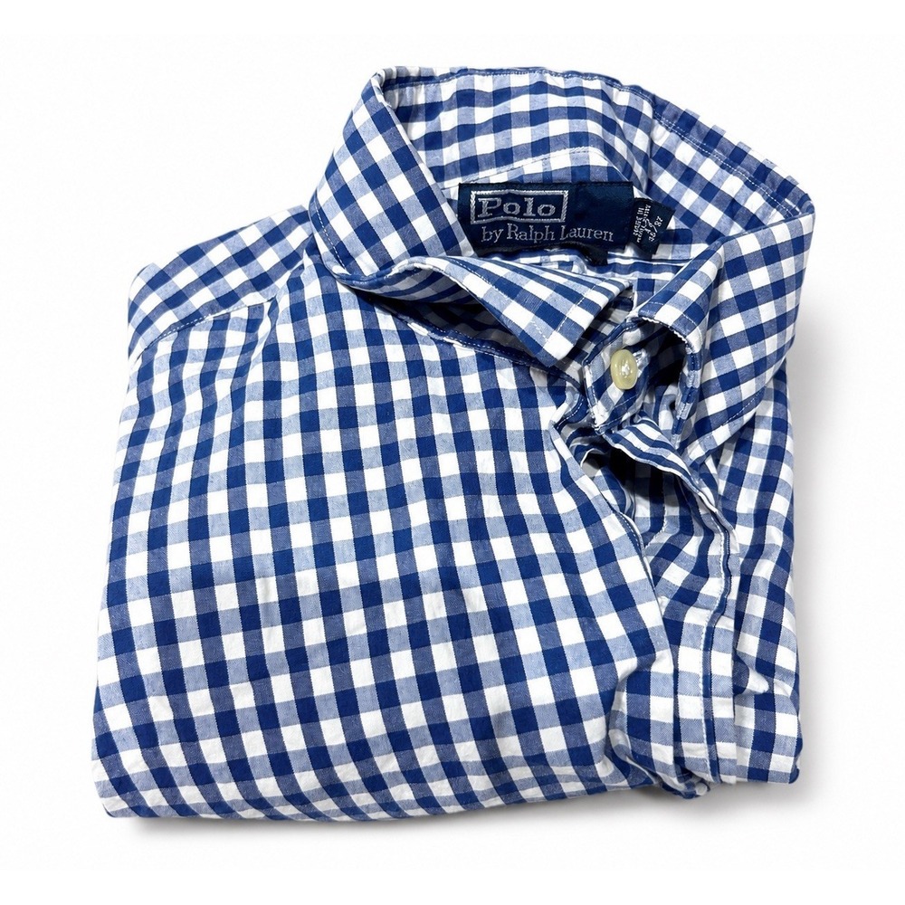 Polo Ralph Lauren Curham Custom Fit Dress Shirt Mens 17 36/37 Blue Gingham Check